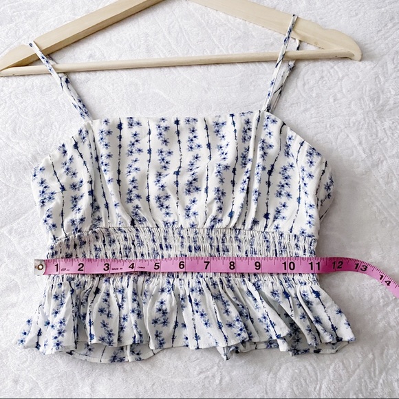Blue + White Floral Print Smocked Waist Cropped Camisole - Picture 3 of 9